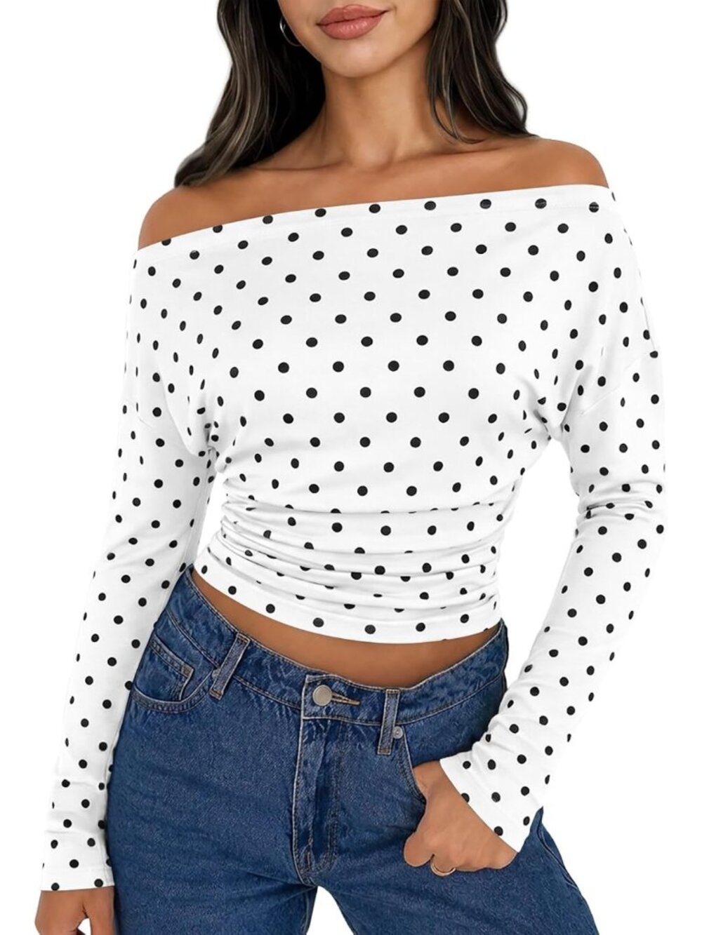 Women's White Dots Off Shoulder Long Sleeve Ruched Cinched Waist Y2K Top Blouse